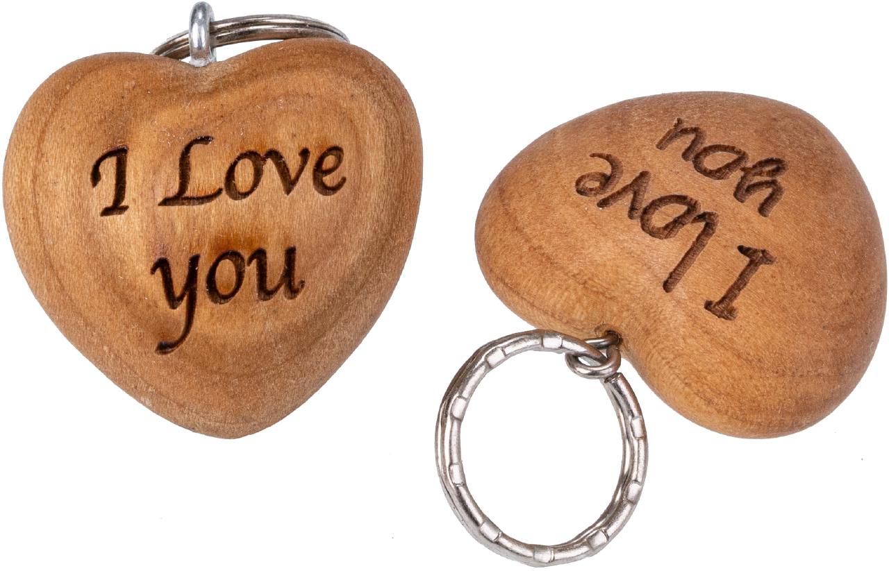 Schlüsselanhänger Herz aus Kirschholz geölt mit Gravur I Love You
