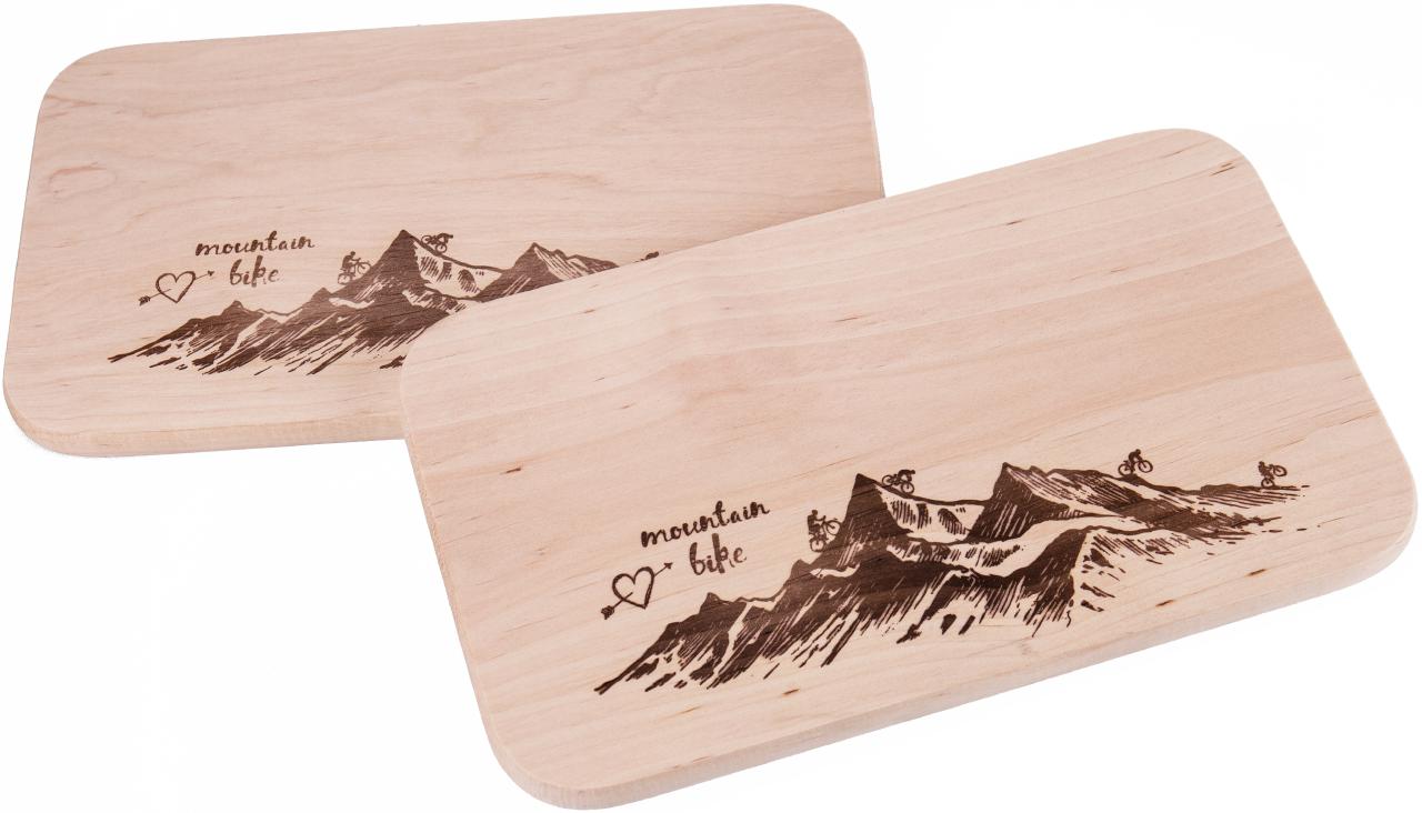 Schneidebrett aus Erle 26 cm mit Mountainbike-Motiv
