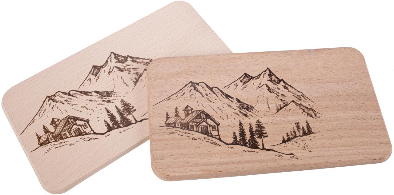 Schneidebrett aus Erlenholz 22,5 × 12,5 cm mit Almhütten-Gravur geölt

