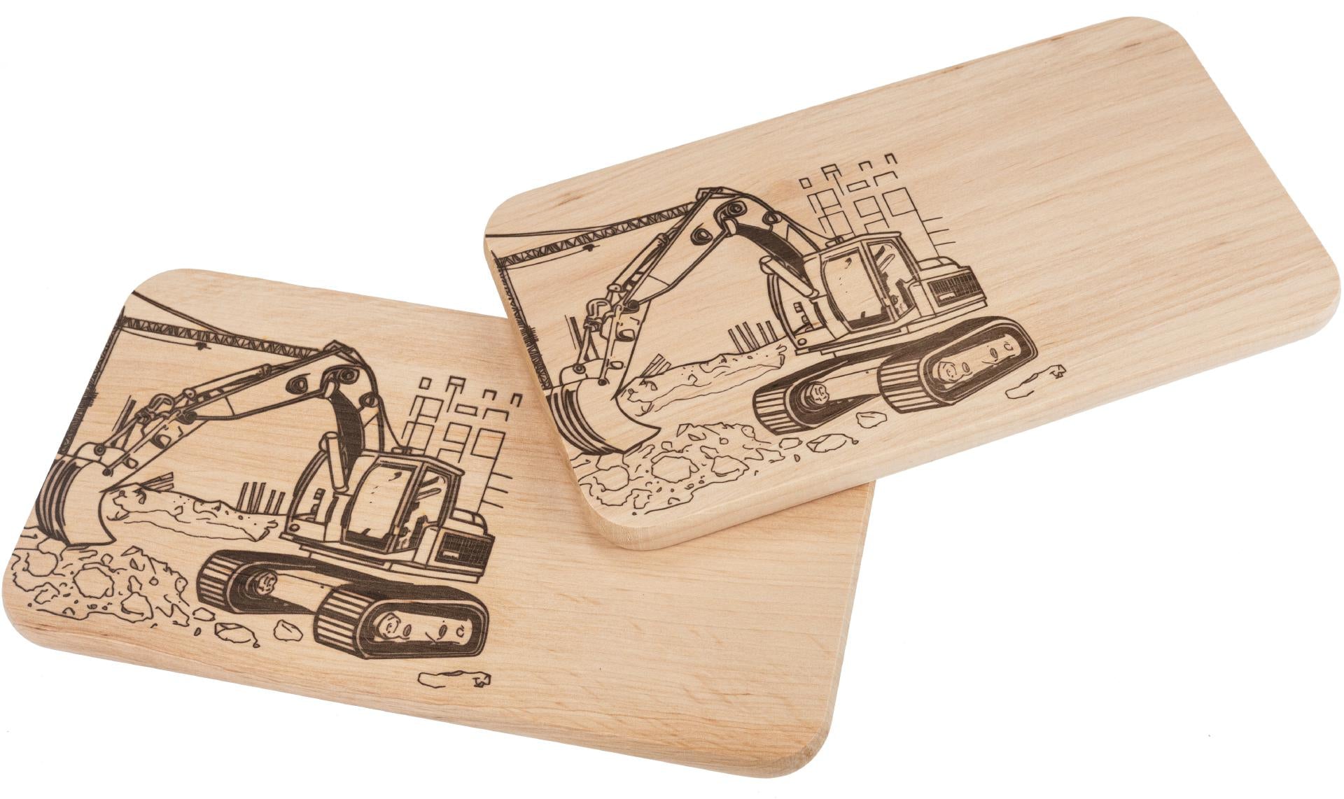 Schneidebrett Erle mit Bagger-Motiv – lasergraviert, grosses Modell für Kinder
