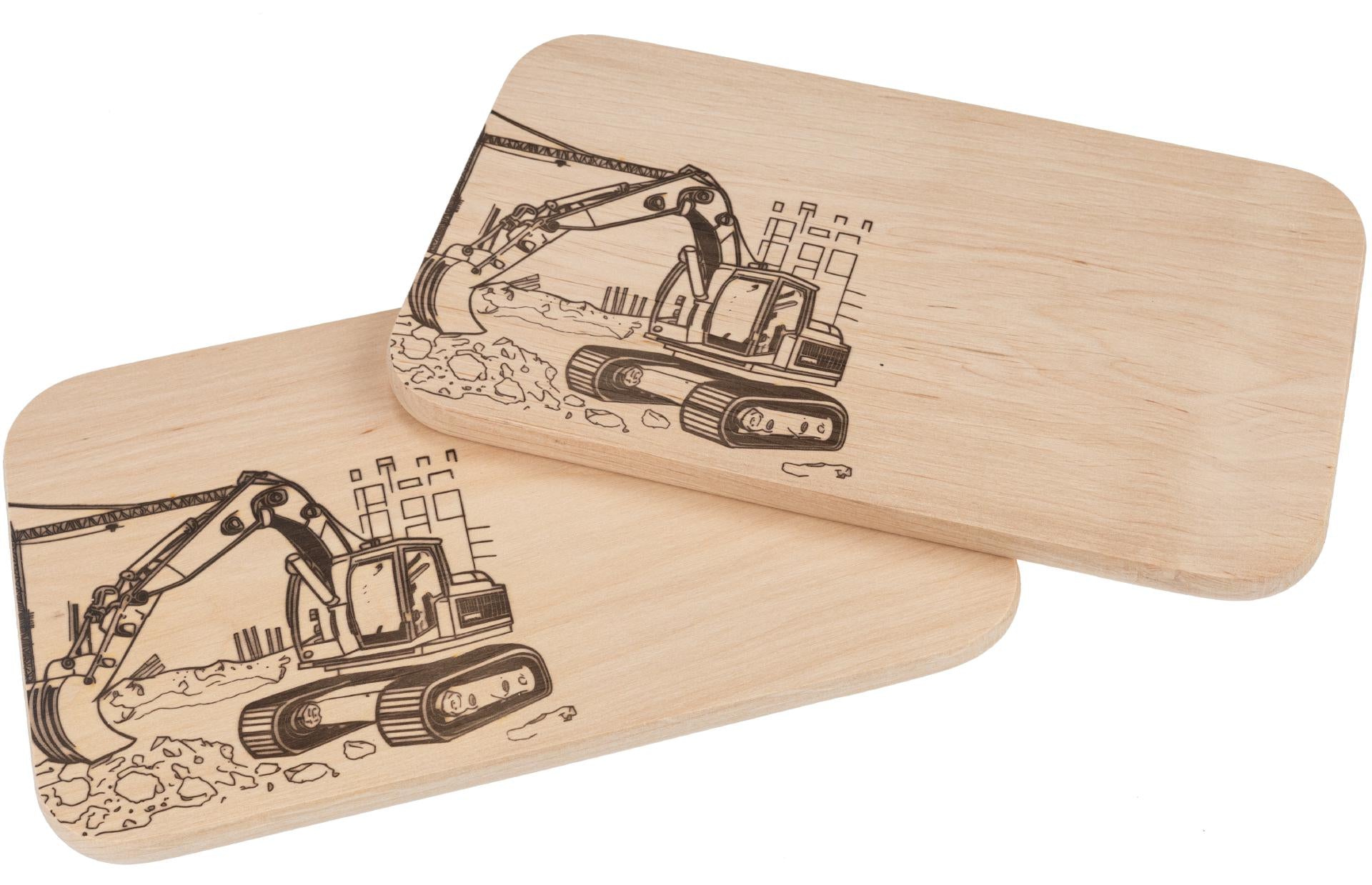 Schneidebrett Erle mit Bagger-Motiv – lasergraviert, Geschenk für Kinder
