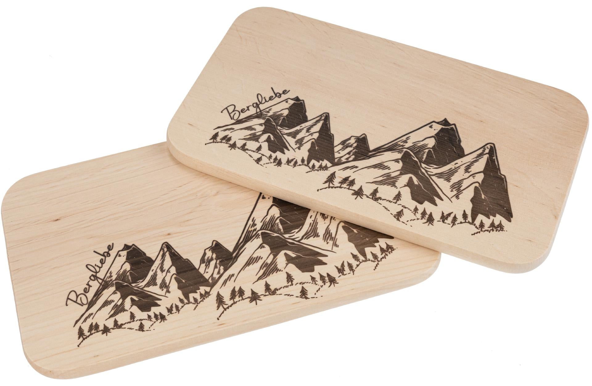 Schneidebrett aus Erle mit Bergpanorama-Motiv