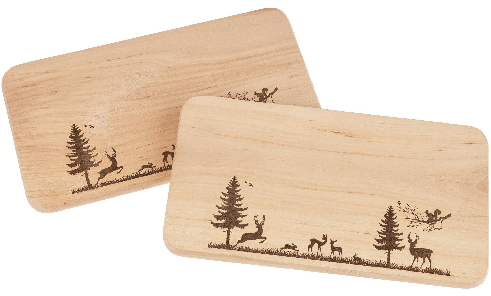 Schneidebrett Erle geölt mit Waldpanorama-Motiv – lasergraviert, 22,5 cm
