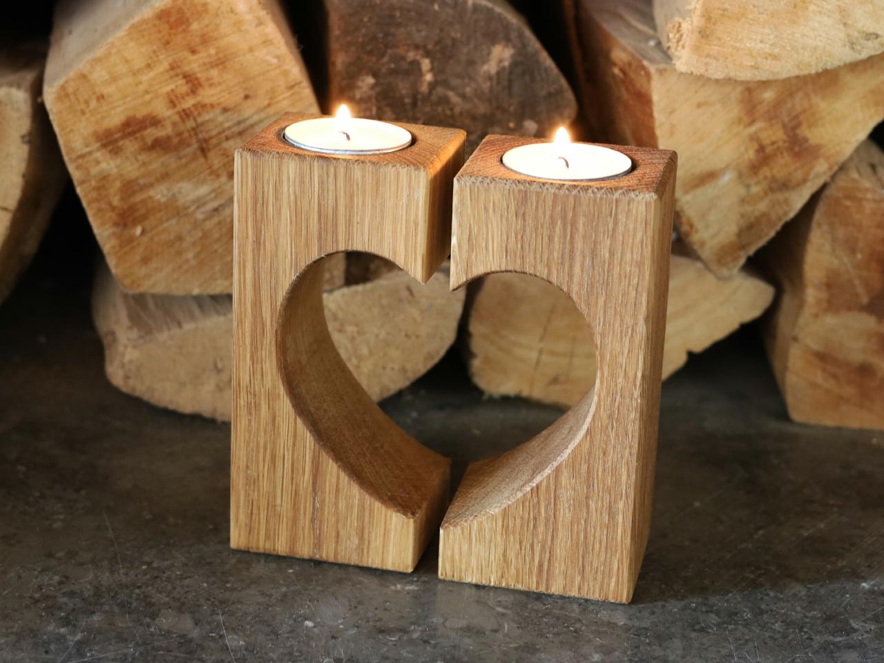 eelichthalter aus geölter Eiche in Herzform, 2‑teilig mit Glas und Teelicht