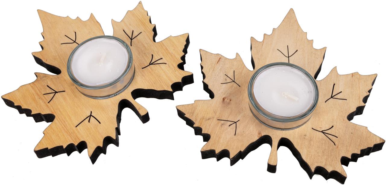 Teelichthalter aus geöltem Erlenholz mit Ahornblatt-Design und Glaseinsatz – natürliche Herbstdeko für Teelichter
