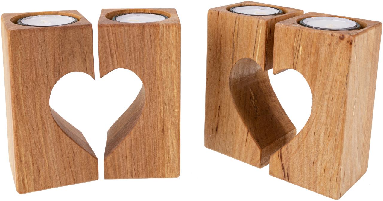 Teelichthalter 2er Set aus geöltem Erlenholz in Herzform mit Glaseinsatz – romantische natürliche Holzdeko für Teelichter
