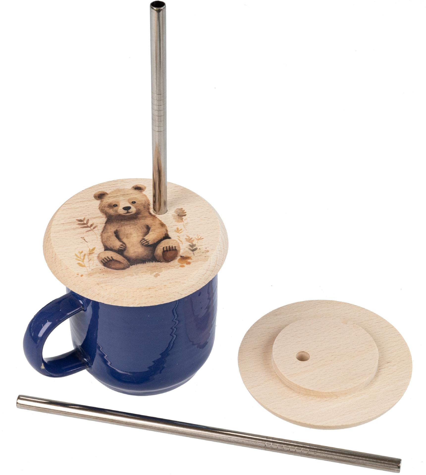 Trinkglasabdeckung aus Buchenholz mit Bärenmotiv und Edelstahl-Strohhalm
