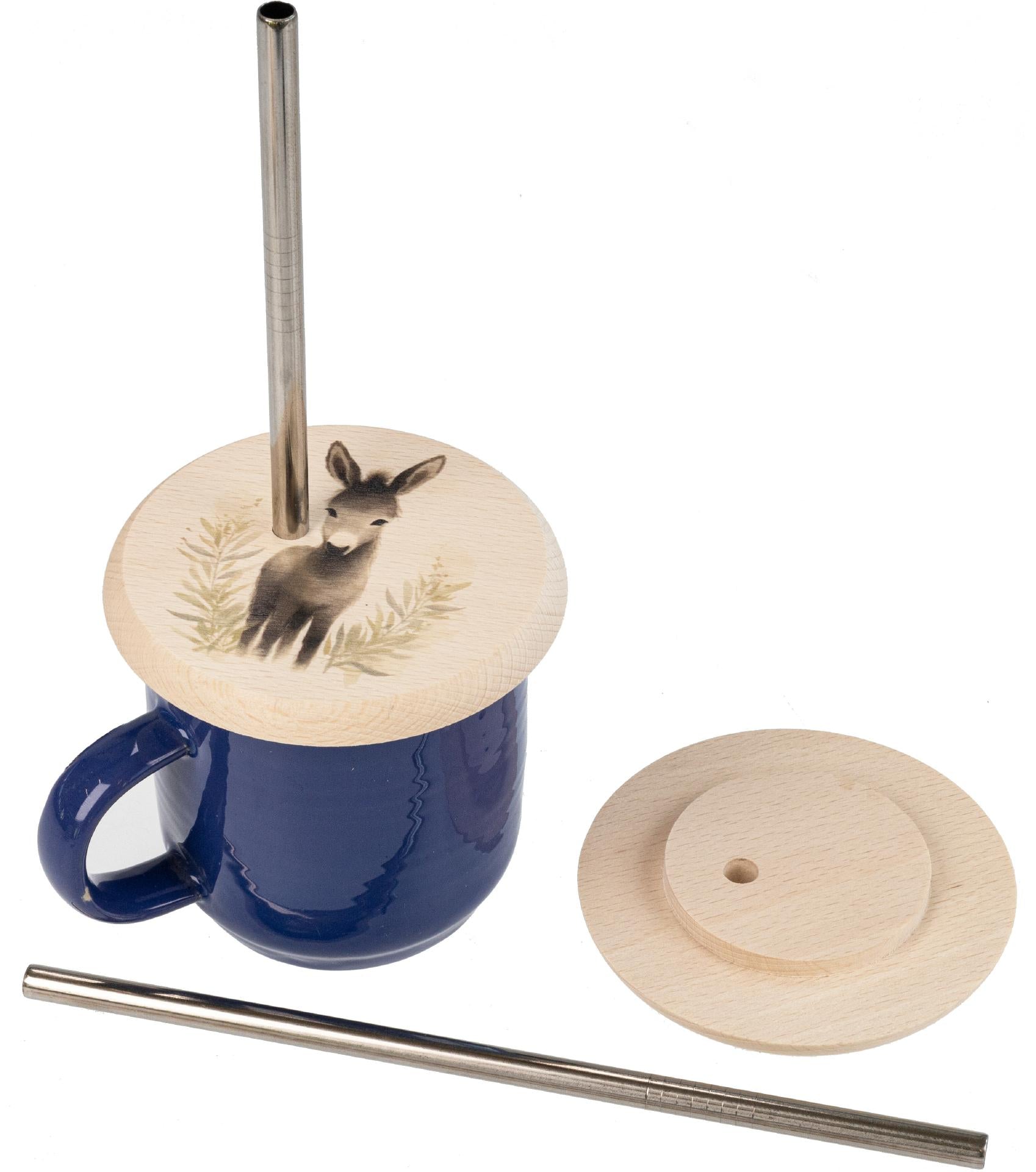 Trinkglasabdeckung aus Buchenholz mit Eselmotiv und Edelstahl-Strohhalm
