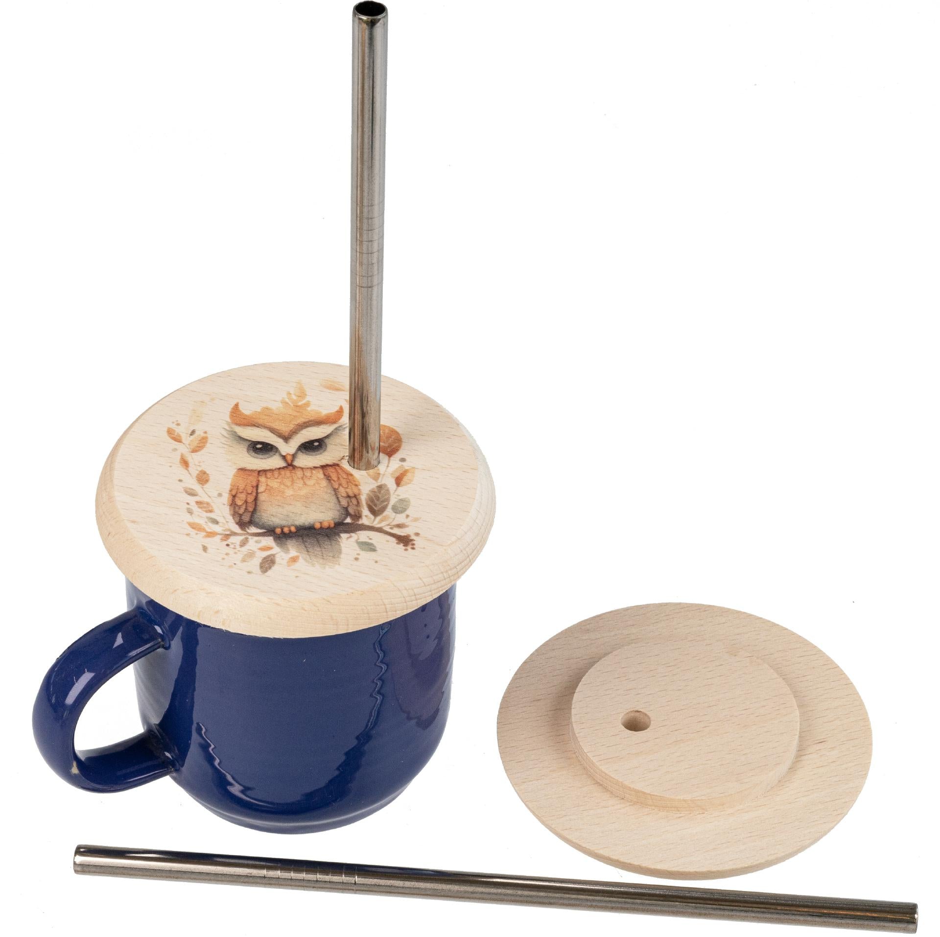 Trinkglasabdeckung aus Buchenholz mit Eulenmotiv und Edelstahl-Strohhalm
