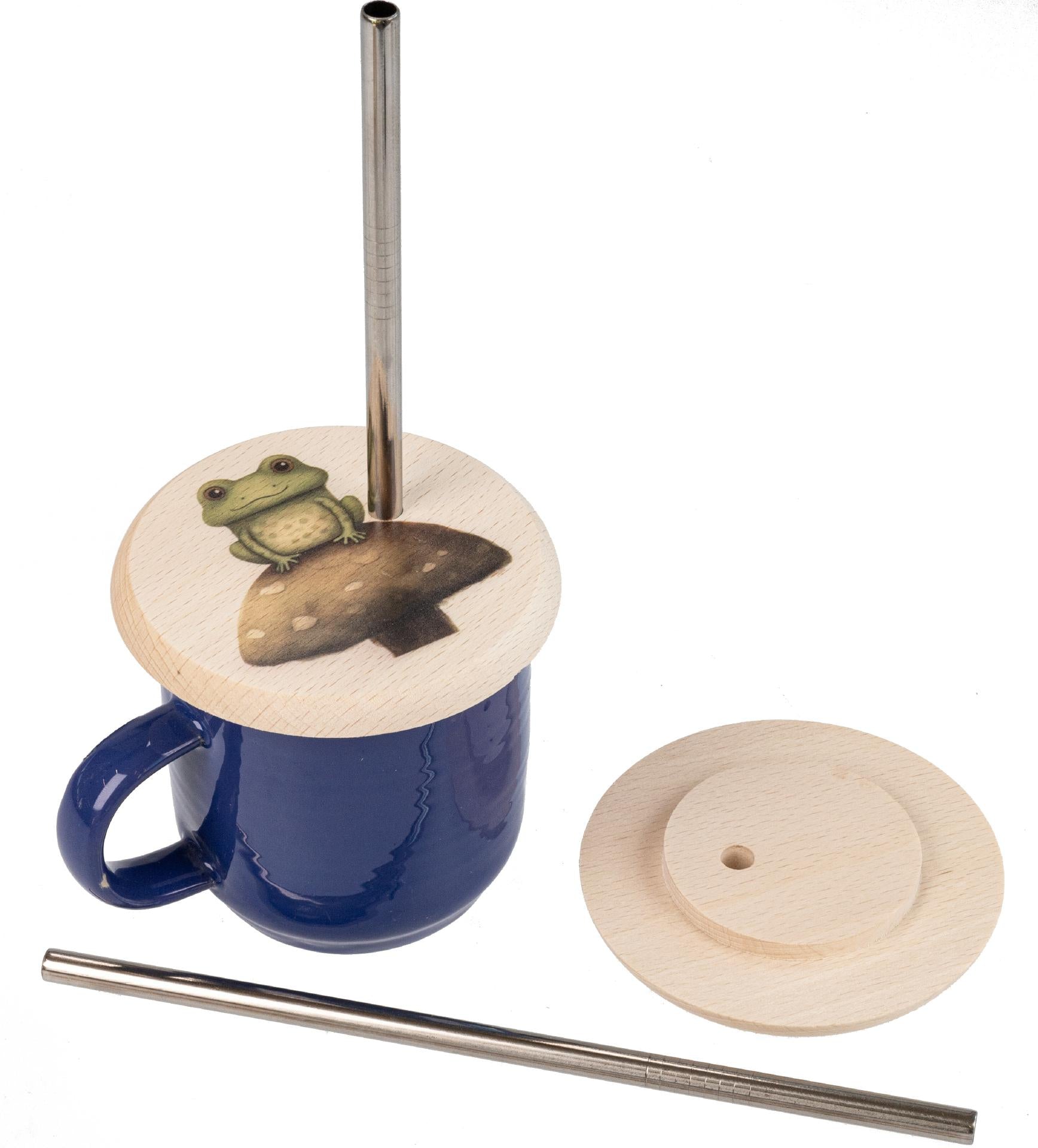Trinkglasabdeckung aus Buchenholz mit Froschmotiv und Edelstahl-Strohhalm
