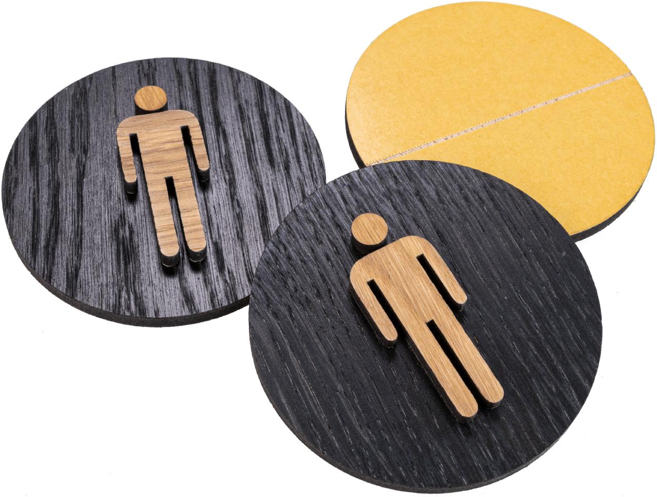 Türschild WC Mann aus geölter Eiche auf schwarzem Eichenholz, selbstklebend und FSC-zertifiziert
