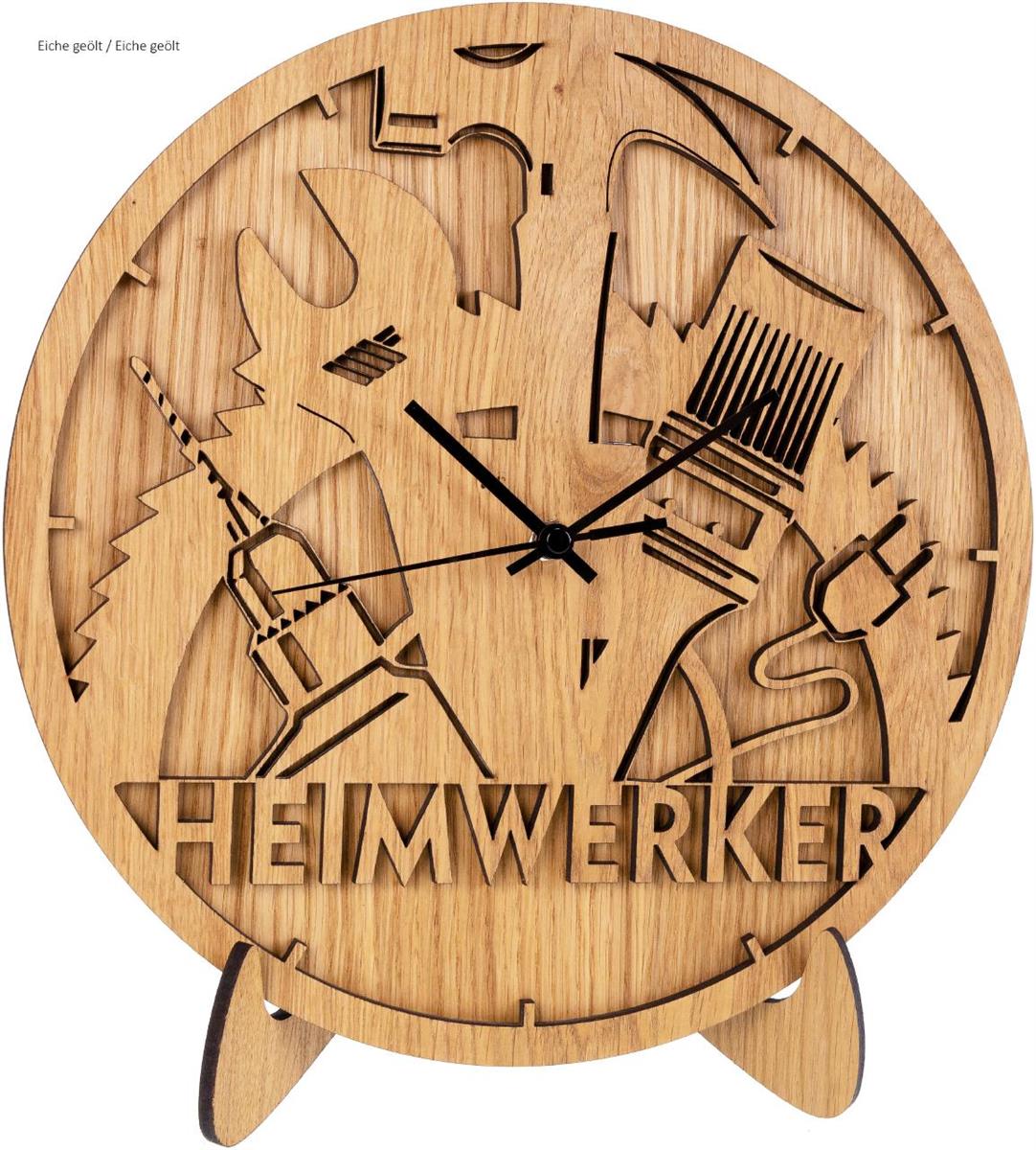 Wanduhr aus Naturholz mit Heimwerker-Motiv und geräuschlosem Funkuhrwerk, handgefertigt