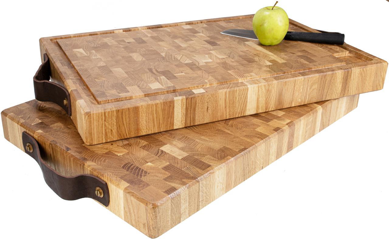 XXL Hackblock aus Stirnholz‑Eiche mit Ledergriffen, 60×40 cm